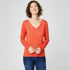 Nouveau 🛒 IN EXTENSO Pull Col V Orange Femme 🧨