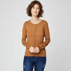 Grosses soldes 🥰 IN EXTENSO Gilet Col Rond Boutonné Beige Camel Femme 🛒