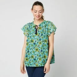 Coupon 😀 IN EXTENSO Blouse Manches Papillons Avec Pompons à Fleurs Femme 🧨