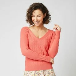 Offres 🔥 IN EXTENSO Pull Col V En Maille Rose Corail Femme 🌟