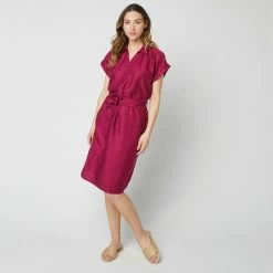 Grosses soldes 💯 IN EXTENSO Robe Manches Courtes Avec Ceinture Rose Framboise Femme 🥰