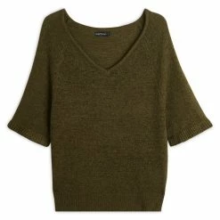 Tout neuf 😍 IN EXTENSO Pull Tiny Col V Manches Avec Volants Vert Kaki Femme 👏