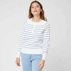 Remise 🛒 IN EXTENSO Pull Col Tunisien Marinière Blanc Femme ✔️