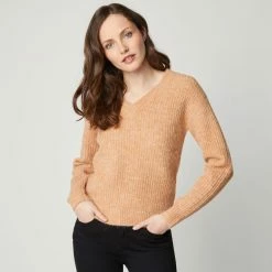 Coupon 🧨 IN EXTENSO Pull Col V En Maille Marron Femme ⌛